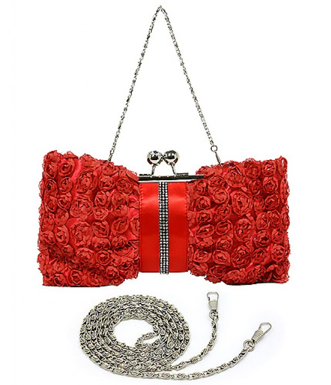 Evening Bag - Rosettes w/ Linear Beads - Red - BG-639F-RD